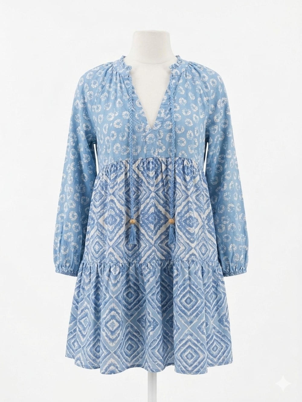 Jessica Simpson Blue Ikat Print Boho Folk Peasant Tiered Mini Dress Cotton M